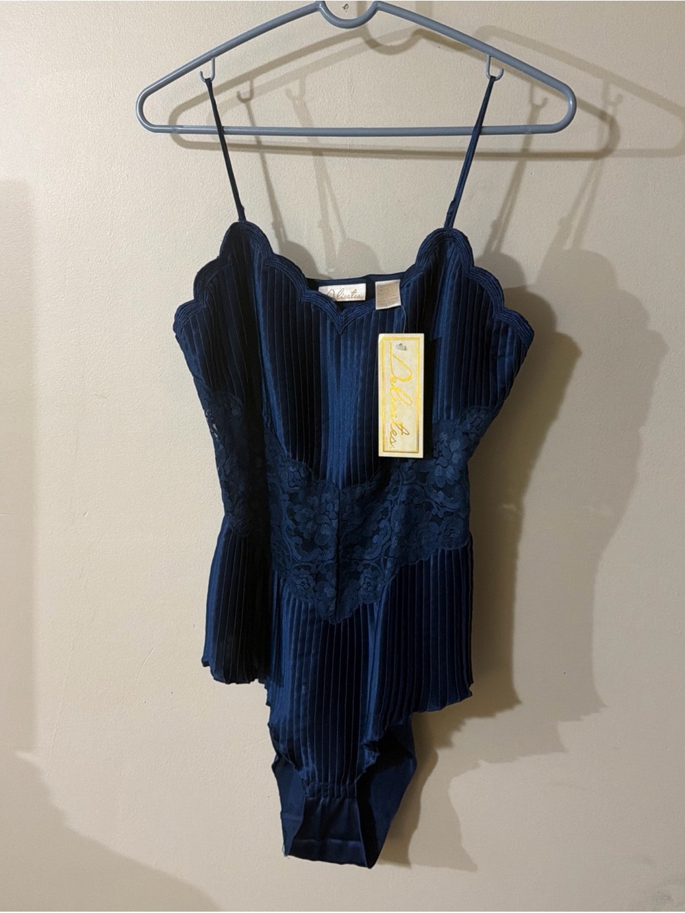 Vintage NWT Delicates Navy Satin Lace Teddy Bodysuit Medium Deadstock NOS